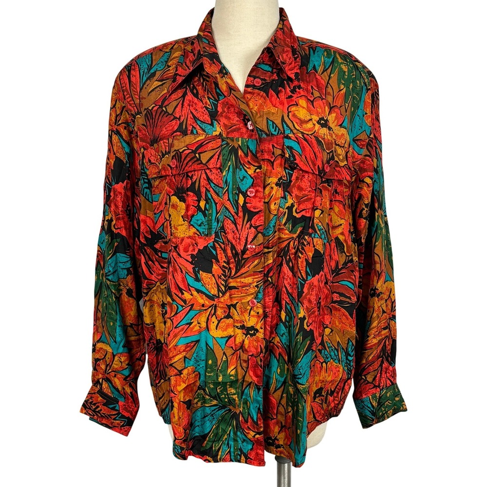 Vintage Art de Chine Silk Tropical‎ Floral Button Front Blouse Shirt Womens L